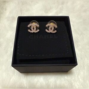 Crystal CC Style Stud Earrings Goldtone